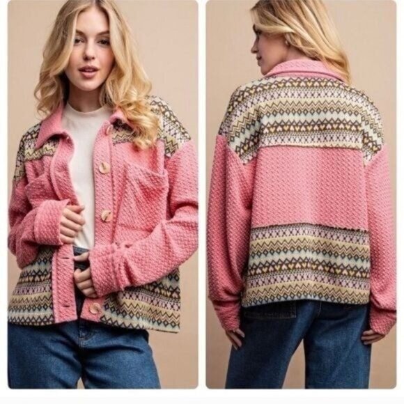 Textured Knit and Yarn Dye Pattern Mixed Jacket-NEW-SIZE: MEDIUM - Picture 1 of 7